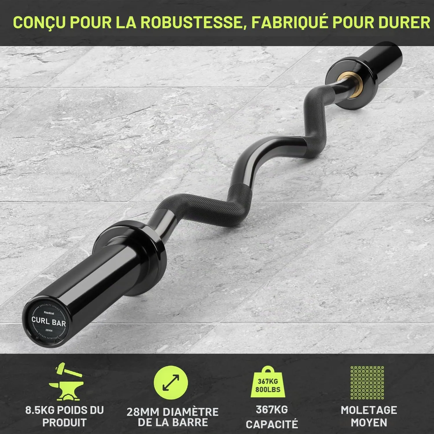 PhysKcal Barre EZ Curl 120 cm Noire 50 mm 367 kg