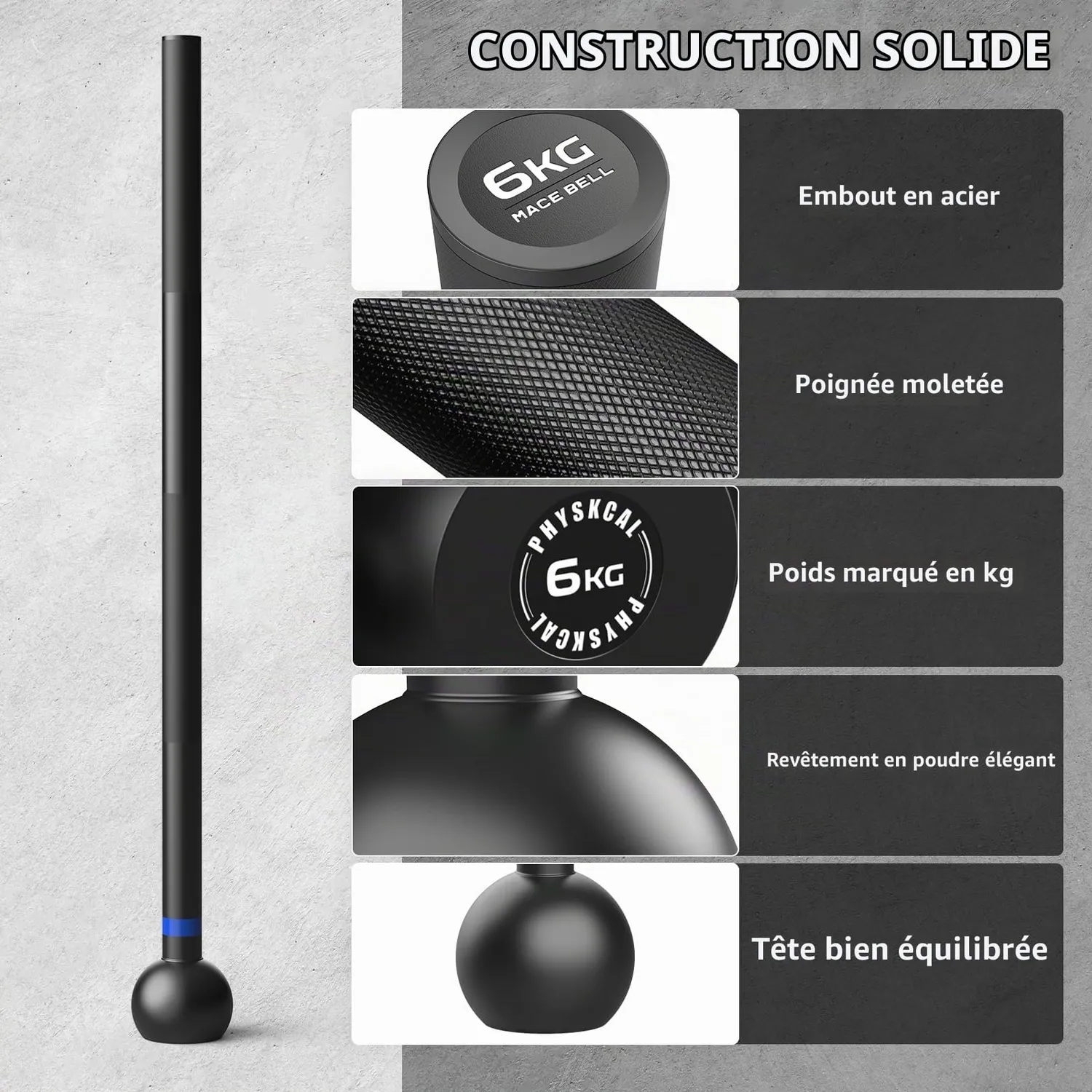 PhysKcal Steel Mace massue acier 6 kg moletée