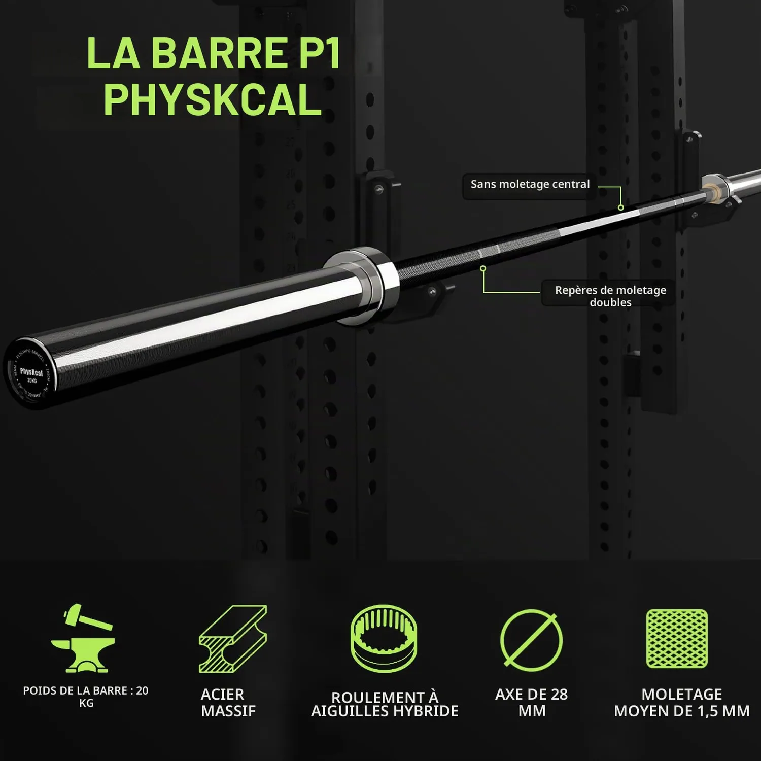 PhysKcal Barre olympique 20 kg 220 cm moletage IWF