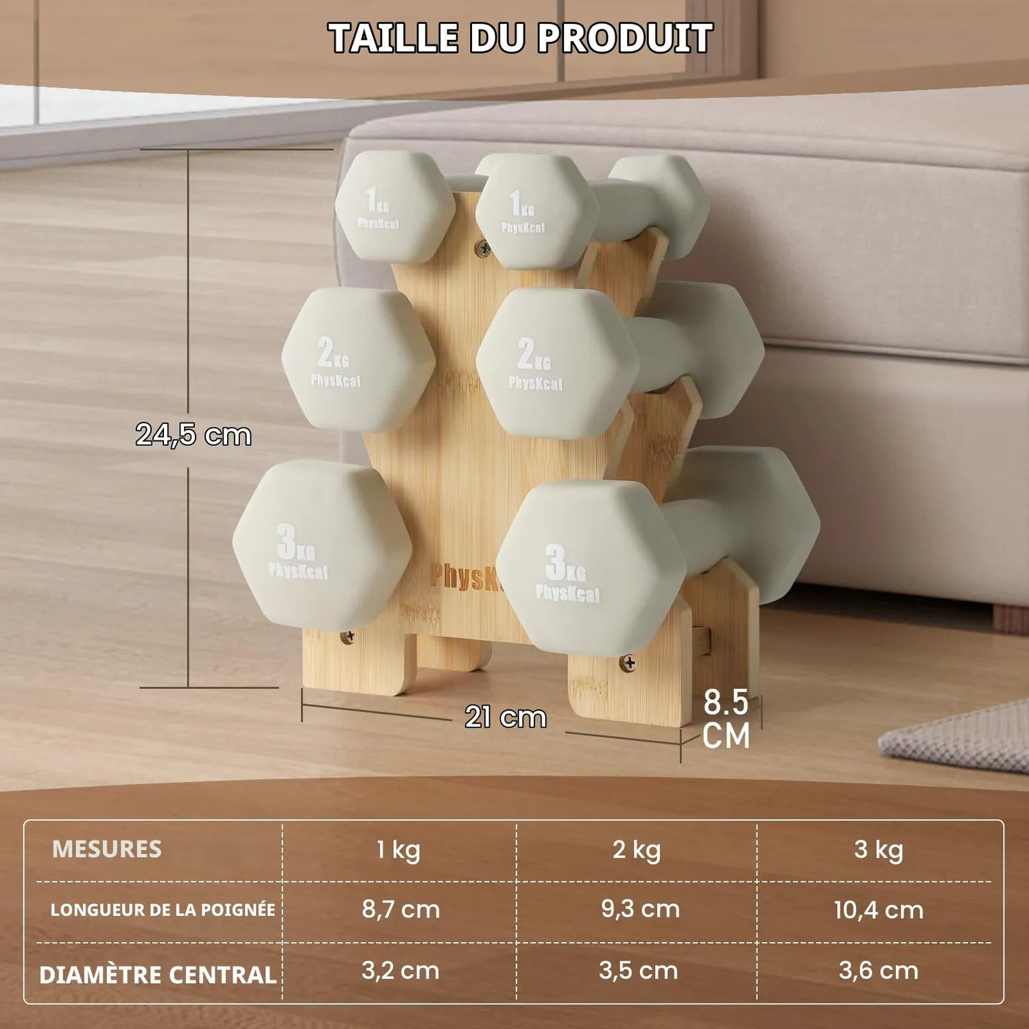 PhysKcal Set 12 kg Haltères Néoprène Tout Sable Bambou