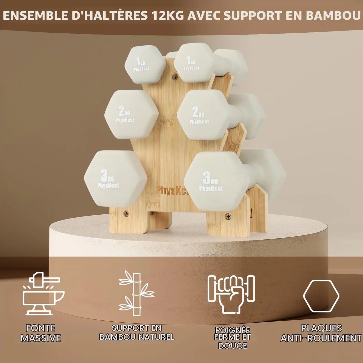 PhysKcal Set 12 kg Haltères Néoprène Tout Sable Bambou