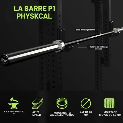 PhysKcal Barre olympique 20 kg 220 cm moletage IWF